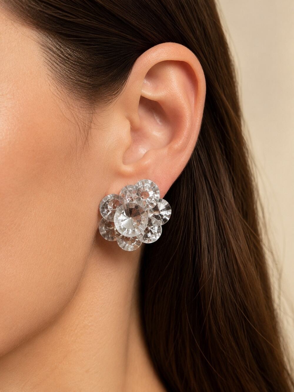 Clear Crystal Cluster Statement Stud Earrings 1” Oversized Floral Sparkle
